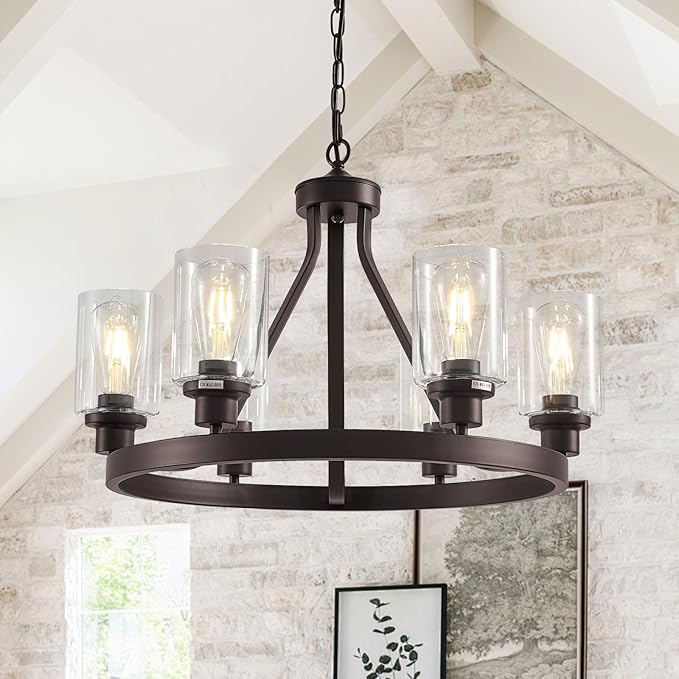 Lanhall 6-Light Farmhose Chandelier for Dining Room Light Fixture Oil Rubbed Bronze Kitchen Pendant Light Round Rustic Ceiling Hanging Lighting with Glass Globes Adjustable Height Metal E26