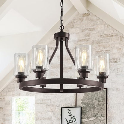 Lanhall 6-Light Farmhose Chandelier for Dining Room Light Fixture Oil Rubbed Bronze Kitchen Pendant Light Round Rustic Ceiling Hanging Lighting with Glass Globes Adjustable Height Metal E26