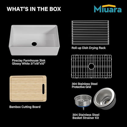 Miuara White Farmhouse Workstation Sink 31 Inch - Fireclay Apron Front Kitchen Sink Reversible 31"x18"x10", Farm House Style, Heavy Duty Deep Single Bowl, Undermount Installation, for Kitchen