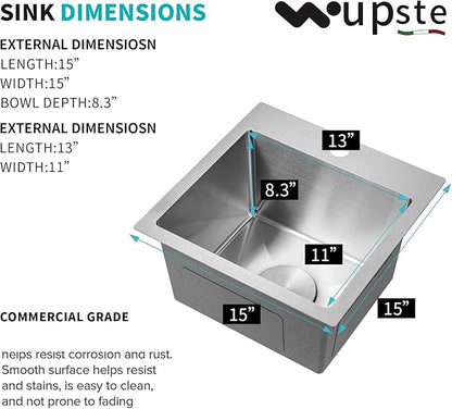 Bar Sink 15 Inch Drop in Bar Sinks Modern Stainless Steel Small Kitchen Sinks Single Bowl RV Sink with Faucet Combo