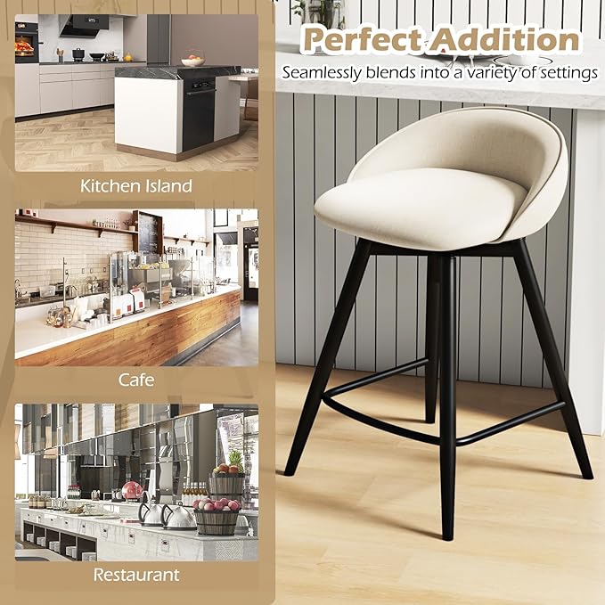 Giantex Swivel Bar Stools Set of 2, 25" Counter Height Bar Chairs with Footrest, Low Backs & Metal Frame, Upholstered Line Fabric Barstools for Kitchen Island, Cafe & Pub, Beige