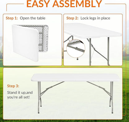 Elevon Folding Table Set with 6 Black Folding Chairs,6 Feet Heavy Duty Fold-in-Half Utility Table Sets for Picnic, Event, Training, Outdoor Activities, at Home and Commercial Use