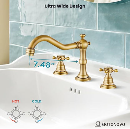 gotonovo Bathroom Faucet 3 Hole 8 Inch Widespread Bathroom Sink Faucet 2 Cross Handles Vintage Lavatory Vanity Mixer Tap with Pop Up Drain, Round Font Label, Antique Brass