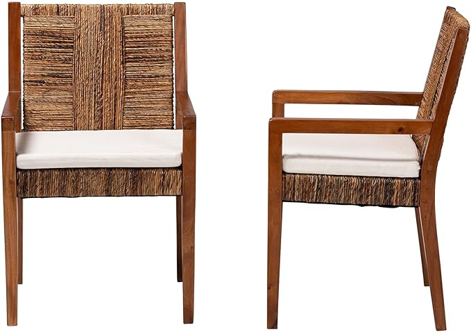 Bali & pari Chabela Handwoven Seagrass Armchairs - Solid Mango Wood Frame Dining Chair with Woven Seat and Backrest, Rustic Boho Style Kitchen or Dining Room Seating, Medium Brown