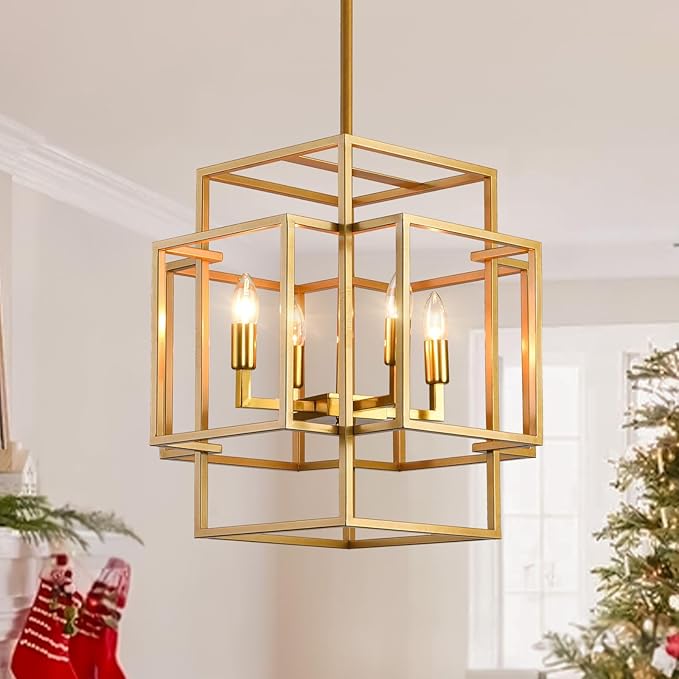 4-Light Gold Chandelier, Farmhouse Lantern Pendant Light Industrial Ceiling Foyer Lighting Fixtures, Modern Chandeliers for Dining Room, for Kitchen Island Staircase Hallway Entryway