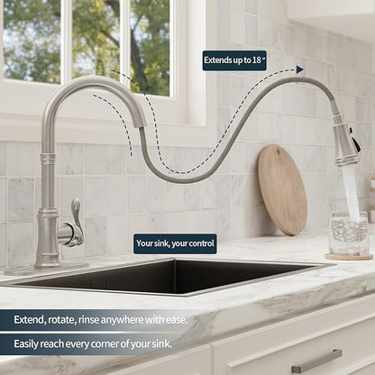 BWE Brushed Nickel Kitchen Faucet with Pull Down Sprayer, Solid Brass Single Handle High Arc Kitchen Sink Faucet, 3 Spray Modes, Deck Plate Included, Farmhouse Bar Kitchen Faucet