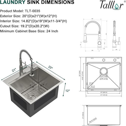 21 x 20 Inch Drop In Laundry Sink with Faucet, 12 Inch Deep 16 Gauge 304 Stainless Steel Utility Sink for Laundry Room, Garage, and Outdoor #TL-FDOE00085