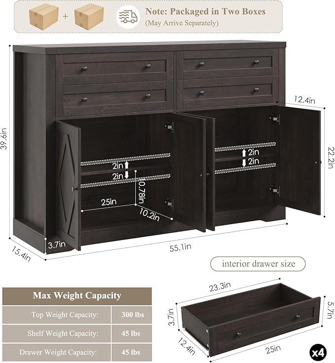 HOSTACK 55" Coffee Bar with 4 Large Drawers, 40" Tall Buffet Cabinet with Storage, Kitchen Storage Cabinet, Modern Farmhouse Sideboard Buffet, Adjustable Shelves for Living Room, Dark Brown