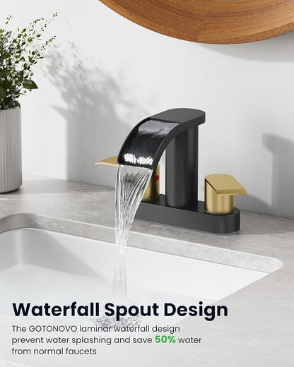 gotonovo 4 Inch Centerset Waterfall Bathroom Sink Faucet Deck Mount 2 Handle Basin Faucets 2 or 3 Hole with Pop Up Drain Included Lavatory Modern Mixer Tap Vanity Faucet Matte Black and Brushed Gold