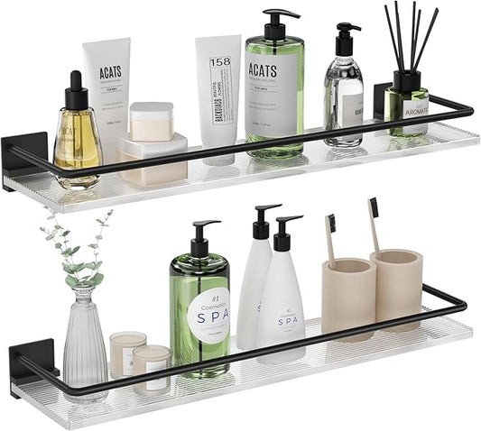 Acrylic Bathroom Floating Shelves - Set of 2, Wall Mounted Shelves for Suitable for Lavatory, Kitchen, Laundry Room, Farmhouse, for Item Storage/Room Decoration (Black)