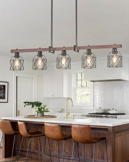 5-Light Industrial Kitchen Island Lighting with Wood Grain Bar and Black Metal Cage, Farmhouse Rustic Hanging Ceiling Lamp for Dining Room, Living Room
