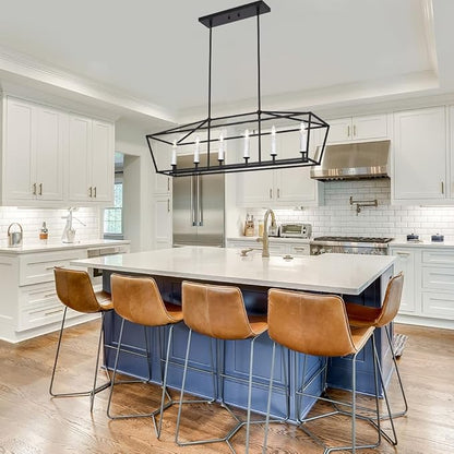 BONLICHT Modern Farmhouse Rectangle Dining Room Light Fixtures Black 6 Light Linear Chandelier Industrial White Kitchen Island Pendant Lighting Classic Ceiling Lights with Adjustable Rods, E12 Base