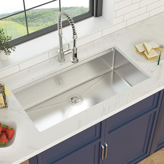 36 Inch Undermount Kitchen Sink Workstation 16 Gauge Stainless Steel Handmade Sink Round Corners Single Bowl Large Deep Under Counter Kitchen Sinks Basin, 36"x19"x9"