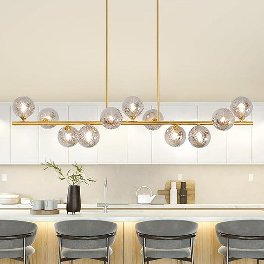 Linear Chandeliers for Dining room, 51" Large Dining Room Light Fixture 11 Lights Brass Linear Chandelier with Gray Glass Globe Chandelier Brass Sputnik Chandeliers Pendant island Lights for Kitchen