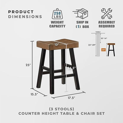 Lexicon Bar Table Set for 3, Small Kitchen Table Set Kitchen Island Table with 3 Saddle Bar Stools, 4 Piece Dining Table Set for Breakfast Nook, Living Room, Apartment, Counter Height, Black/Brown