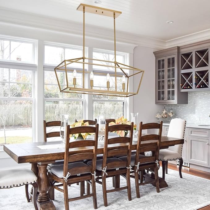 BONLICHT Traditional Dining Room Linear Chandelier Brushed Brass 4 Light Farmhouse Kitchen Island Lantern Pendant Lighting Fixture Hanging Rectangle Gold Pendant Lamp for Restaurant Bar, E12 Base