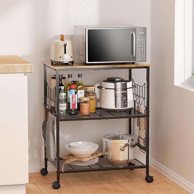 Toutrop Rolling Kitchen Microwave Cart with Wheels, 3 Tier Microwave Storage Cart with Adjustable Shelves, Coffee Table, Utility Cart for Kitchen, Living Room, Office, Laundry Room