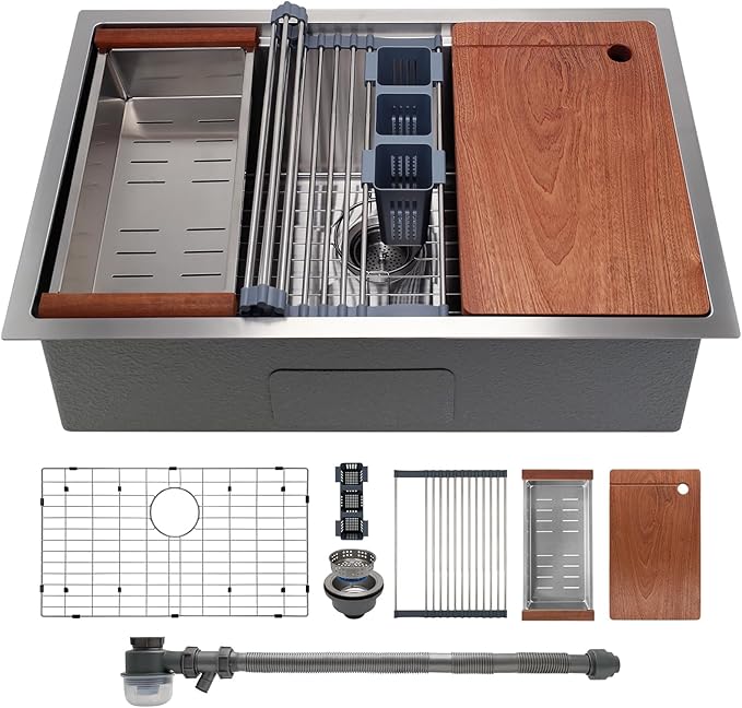 SANYCASA 32" x 19" Multifunctional Undermount Workstation Kitchen Sink S304 Stainless Steel Handmade Modern Single Bowl Kitchen Sink with Accessories and Integrated