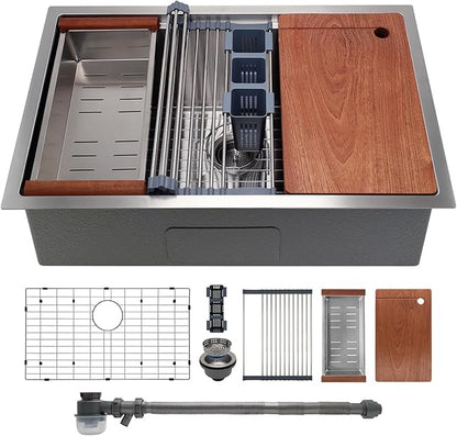 SANYCASA 32" x 19" Multifunctional Undermount Workstation Kitchen Sink S304 Stainless Steel Handmade Modern Single Bowl Kitchen Sink with Accessories and Integrated