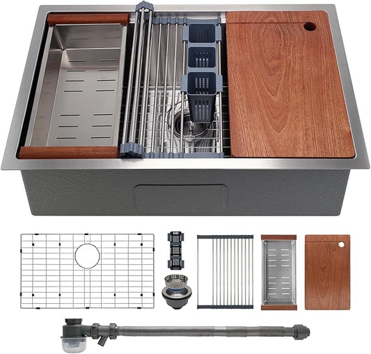 SANYCASA 32" x 19" Multifunctional Undermount Workstation Kitchen Sink S304 Stainless Steel Handmade Modern Single Bowl Kitchen Sink with Accessories and Integrated