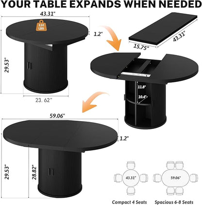 Dining Table for 4-6-8, 43-59" Extendable Round Dining Room Kitchen Table with Storage Shelf, Space Saving Expandable Wood Oval Circle Dinner Table with Pedestal Base for Kitchen Living Room (Black)