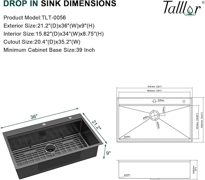 36x22 Inch Drop In Black Kitchen Sink - Workstation 16 Gauge 304 Stainless Steel Single Bowl Handmade Large Two-Holes Sink with Mixing Bowl, Pasta Strainer, and Cutting Board #TLT-0056