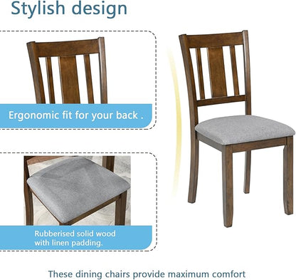 5-Piece Solid Wood Dining Table Set with 4 Upholstered Chairs, Square Dining Table Set for 4, Modern Kitchen and Dining Room Table and Chairs Set of 4, Walnut