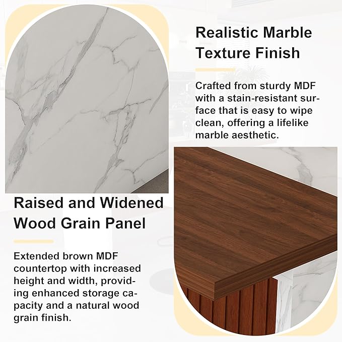 63" Modern Kitchen Island with Marble-Look Surface with 2/4 Bar Stools, Island Table with LED Lights, for Kitchen,Dining Room, Bar, Office, Living Room (White+2Beige)