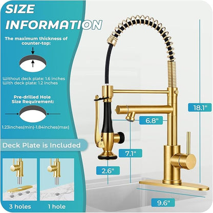 Kitchen Faucet with Pull Down Sprayer - Brushed Gold Single Handle Commercial Kitchen Faucets, 2-Spout Stainless Steel Spring Pull Out Kitchen Sink Faucet 1/3 Hole with Deck Plate