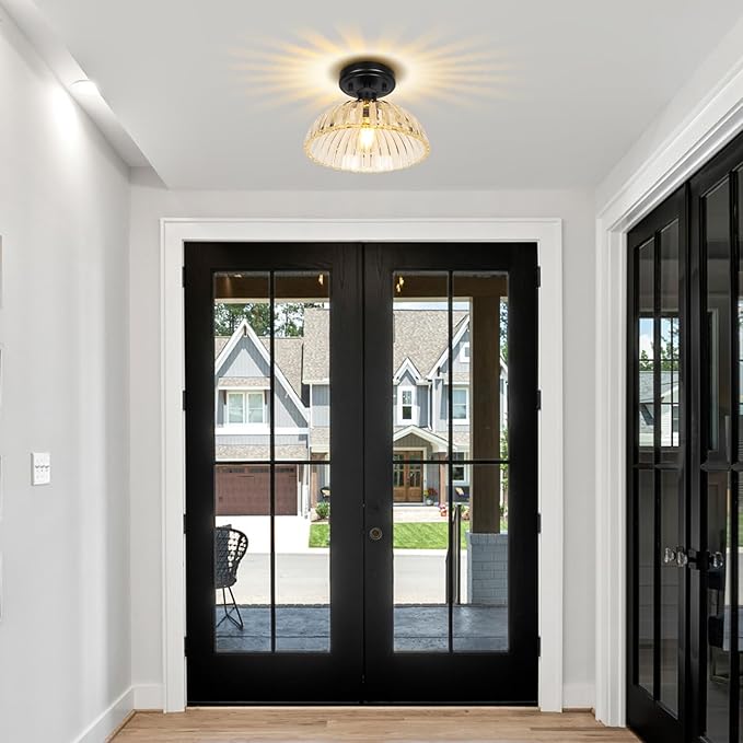 JYZ Semi Flush Mount Ceiling Light, Black Ceiling Light Fixture with Ribbed Glass Shade, Vintage Light fixtures for Hallway, Entryway, Bathroom, Kitchen, Bedroom