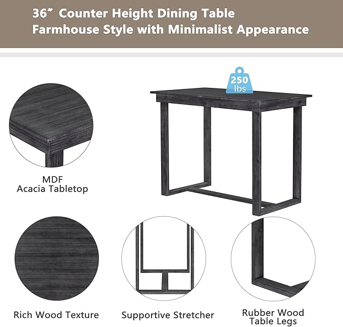 VilroCaz Farmhouse Counter Height Dining Table Set for 4, Wooden 5-Piece Kitchen Dining Room Pub Bar Table Set, 47'' Rectangular Dining Table and 4 Upholstered Stools for Small Places (Gray-H)