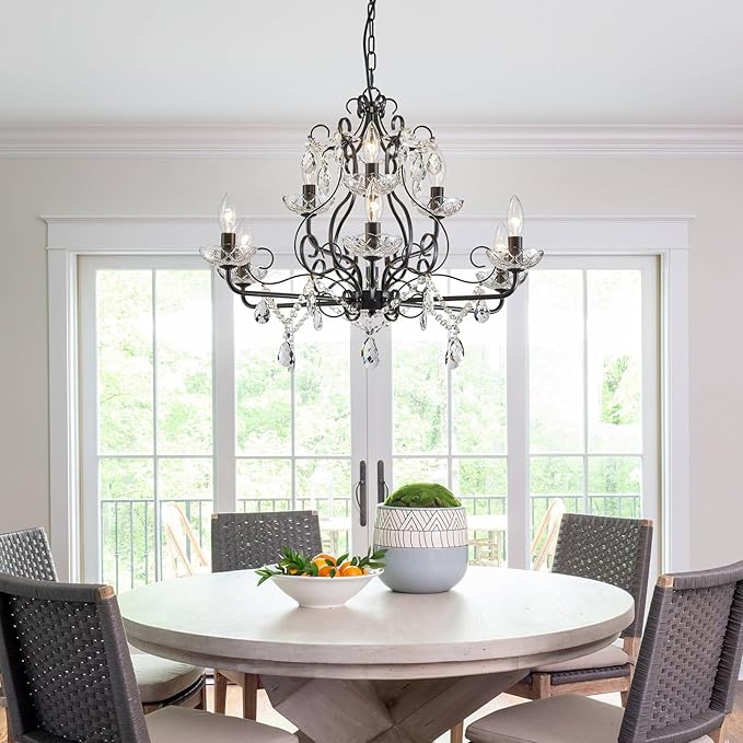 WUZUPS 9-Light Crystal Candle Chandelier Pendant Flushmount Ceiling Light Modern Lighting Fixture for Bedroom Hallway Bar Kitchen Bathroom, H 18.1" x W 25.6", Black, E12 Base