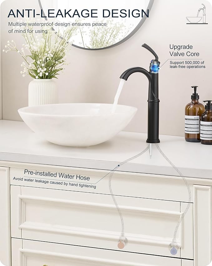Tall Bathroom Faucet Single Hole, Brass Vessel Sink Faucet Black with 1 Handle, Arched Aerator Spout, Pop Up Drain & Pre-Installed cUPC Water Hoses for Modern Style Bowl Sink, 5 Mins Install