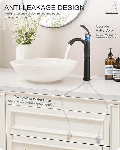 Tall Bathroom Faucet Single Hole, Brass Vessel Sink Faucet Black with 1 Handle, Arched Aerator Spout, Pop Up Drain & Pre-Installed cUPC Water Hoses for Modern Style Bowl Sink, 5 Mins Install
