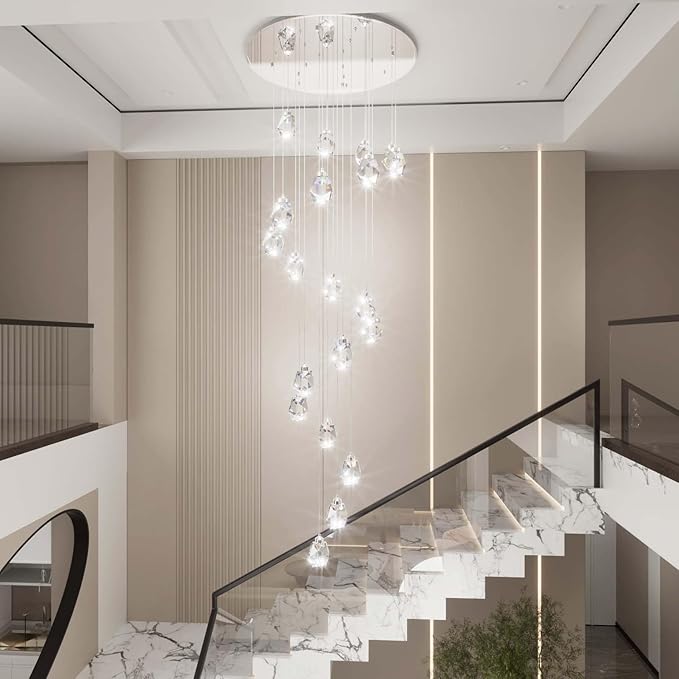 20-Light Modern Crystal Chandeliers for Staircase Foyer High Ceilings Chandeliers Long Spiral Crystal Chandeliers,K9 Crystal Drop Chandelier D28XH135inch
