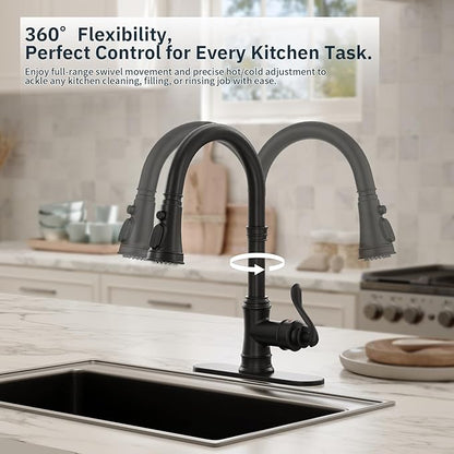 BWE Black Kitchen Faucet with Pull Down Sprayer, Solid Brass High Arc Single Handle Sink Faucet for Farmhouse Kitchen, 3 Spray Modes