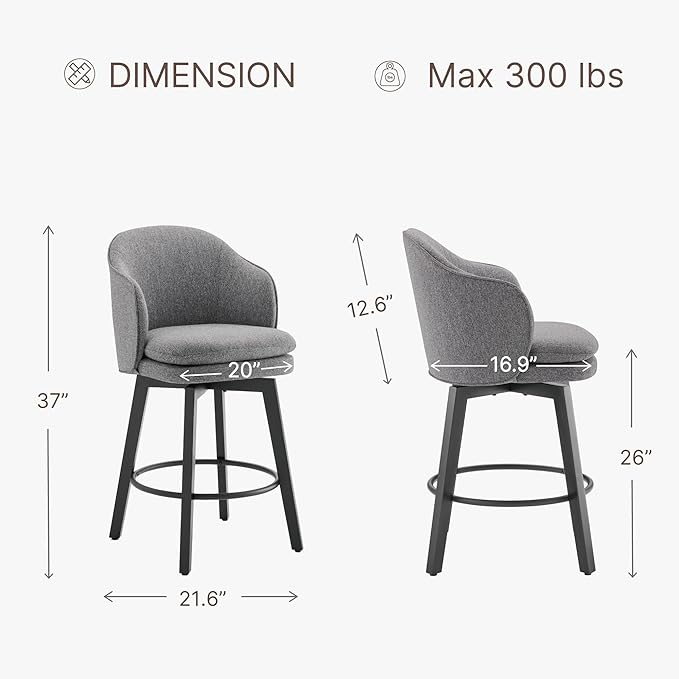 KISLOT Counter Height Barstools 26 inch Upholstered Swivel Bar Stools with Back for Kitchen Island,Set of 1,Dark Grey Fabric