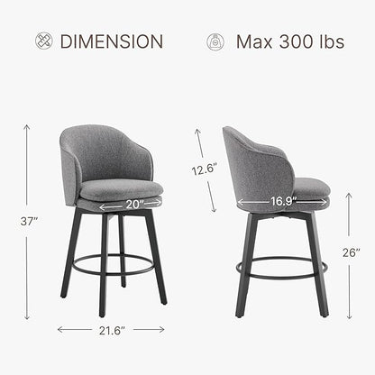 KISLOT Counter Height Barstools 26 inch Upholstered Swivel Bar Stools with Back for Kitchen Island,Set of 1,Dark Grey Fabric