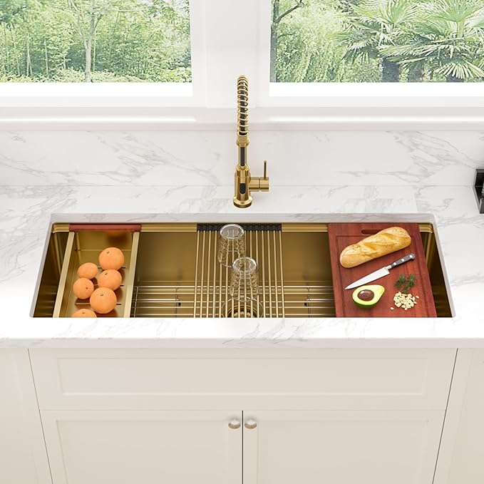 Sarlai 45 Gold Undermount Kitchen Sink - 45x19 Inch Gold Kitchen Sink Workstation Ledge NANO-Tech Sinks Round Corner 16 Gauge Stainless Steel Single Bowl Basin