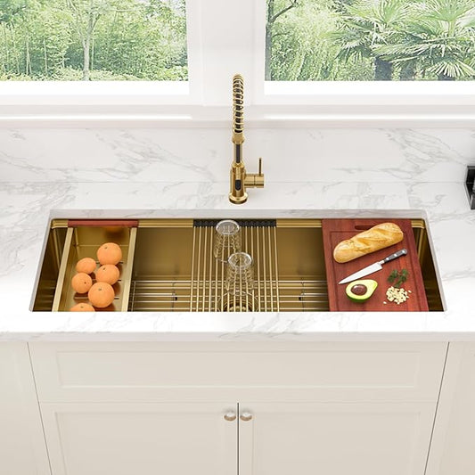 Sarlai 45 Gold Undermount Kitchen Sink - 45x19 Inch Gold Kitchen Sink Workstation Ledge NANO-Tech Sinks Round Corner 16 Gauge Stainless Steel Single Bowl Basin