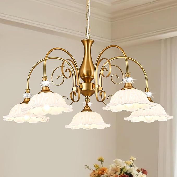 5-Light Vintage Chandeliers in Matte Brass Finish with White Glass Shades, Retro Chandelier Light for Dining Room, Hallway, Kitchen