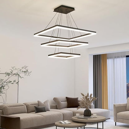 Modern LED Chandelier, 3 Ring Square LED Pendant Ceiling Light, Dimmable Foyer Chandelier Lighting Fixture, Adjustable Height Over Table Hanging Light for Living Dining Room, Bedroom, Study Room