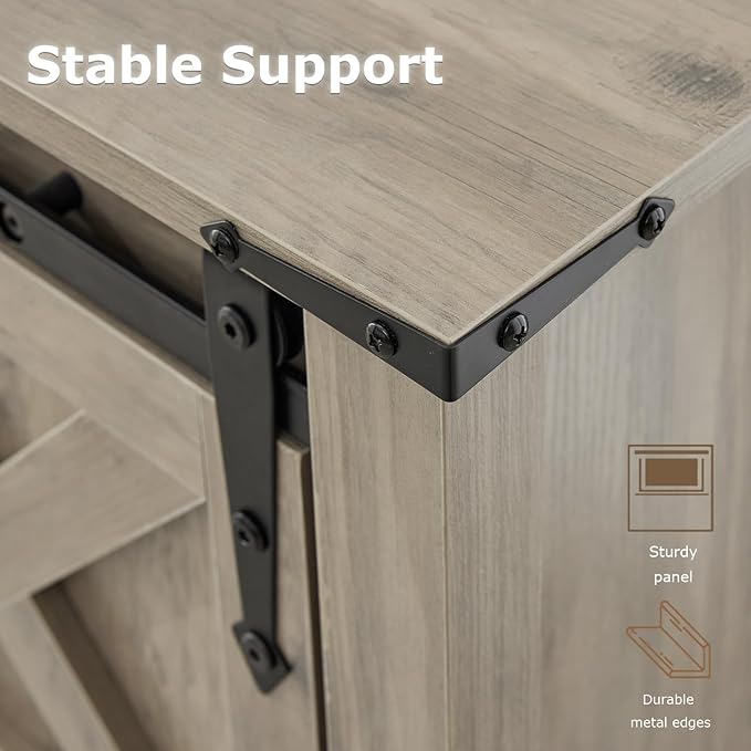 Entryway Table with Storage, Farmhouse Buffet Cabinet Coffee Bar Kitchen Island with Sliding Barn Doors & Shelves, Console Table for Kitchen, Dining Room, Living Room, Grey