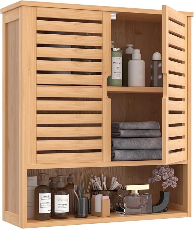 Bamboo Bathroom Wall Cabinet, Medicine Cabinet Wall Mounted, Over The Toilet Hanging Cabinet with 2 Doors