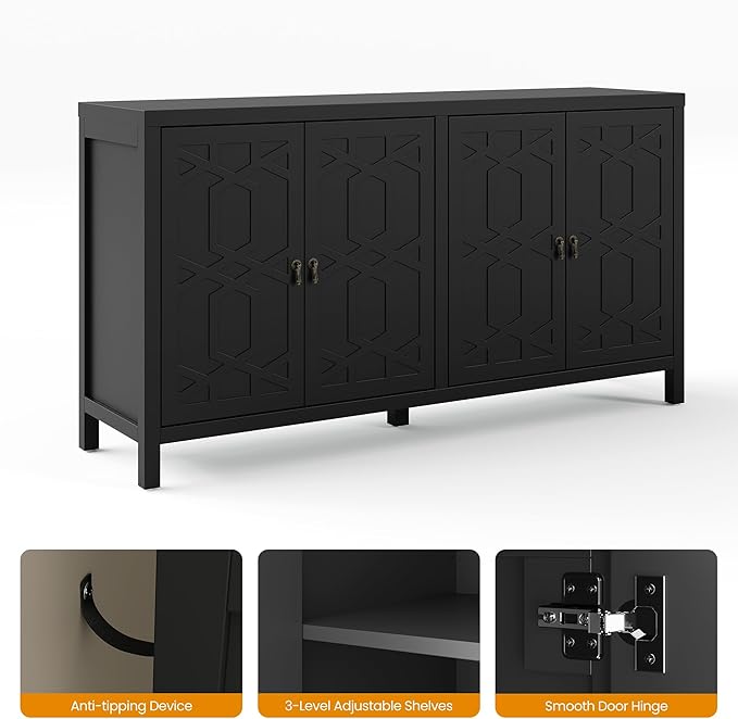 RoyalCraft Buffet Cabinet with Storage, 60" W Modern Coffee Bar Sideboard with 4 Doors & Adjustable Shelves, Painted Wooden Credenza for Dining Room, Kitchen, Living Room, Entryway, Black
