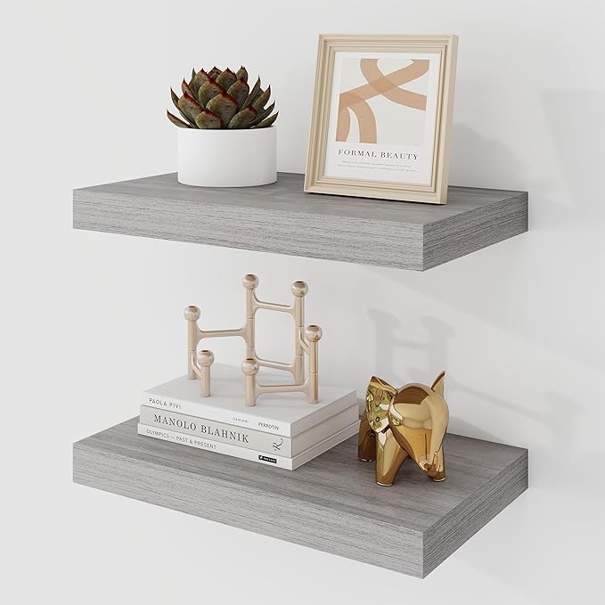 Acovy 16 Inch Floating Shelves, 9.3" Deep Floating Shelf Wall Mounted, 16" Wall Shelves, Rustic Deep Bookshelf, Large Display Shelves & Storage Shelves for Bedroom, Living Room, Grey, Set of 2