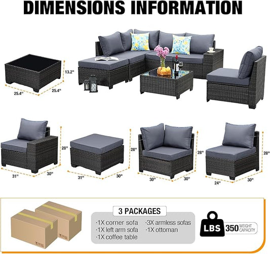 JOYURE 7 Pieces Patio Furniture Set All-Weather Outdoor Wicker Sectional Conversation Sofa Rattan Patio Seating Sofa with Cushion and Glass Table for Porch Poolside,Grey