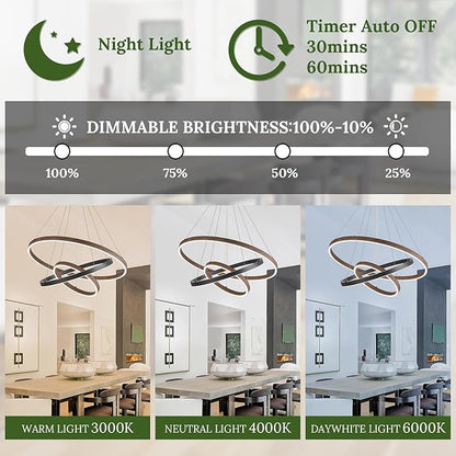 LED 3 Ring Chandelier Dining Room Modern Black Chandelier with Remote Control Dimmable High Ceiling Pendant Light for Entry Foyer Living Room Bedroom Kitchen Island, 75W