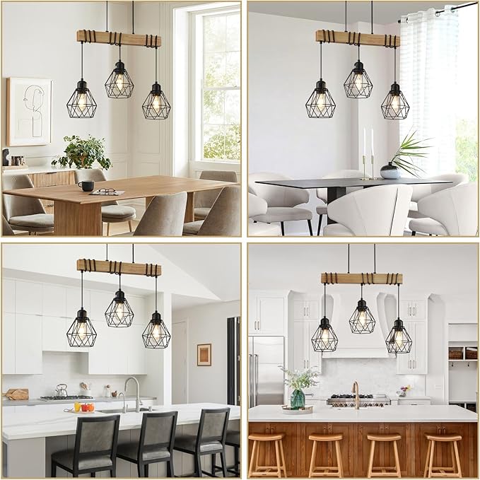 20" Farmhouse Kitchen Light Fixture, Black Hanging Kitchen Chandelier, 3-Light Rustic Dining Room Light Adjustable Height with Wood and Metal Frame, Suit for Farmhouse, Industrial Style