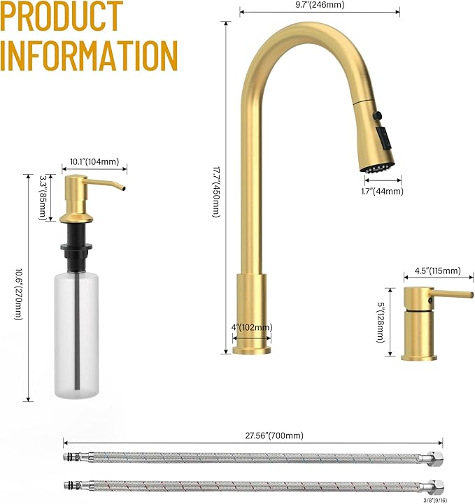 Brass Gold Kitchen Faucet 3 Hole with Soap Dispenser, Gold Kitchen Faucet with Pull Down Sprayer and Separate Single Side Handle 3 Pieces, Stainless Steel High Arc Kitchen Sink Faucet
